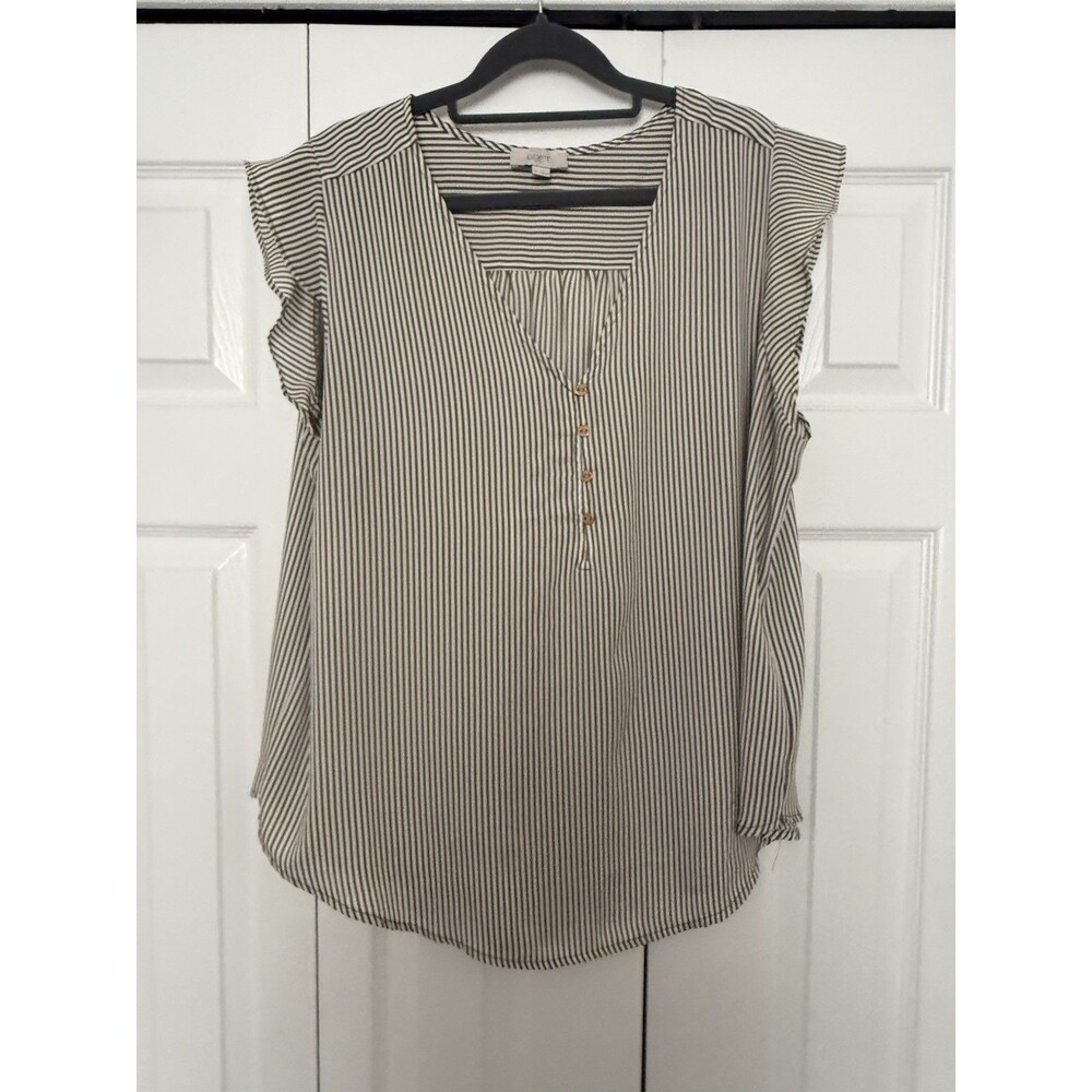 LOFT Striped Ruffle Sleeve Blouse V-Neck Size XL Sleeveless Shell